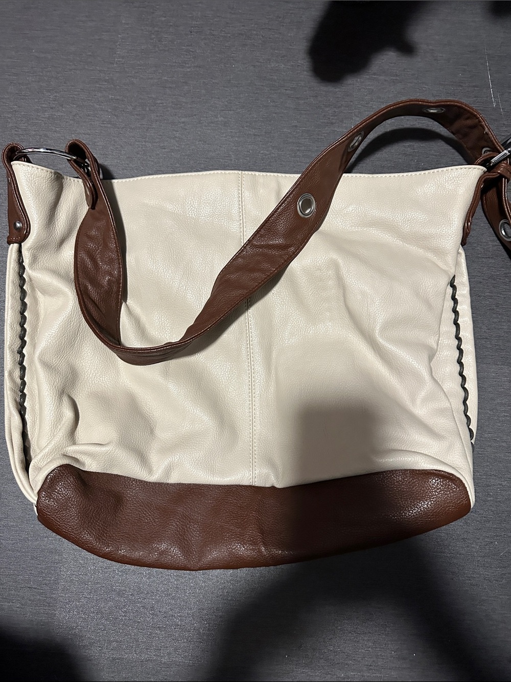 Two-Tone Cream and Brown Pleather Shoulder Bag